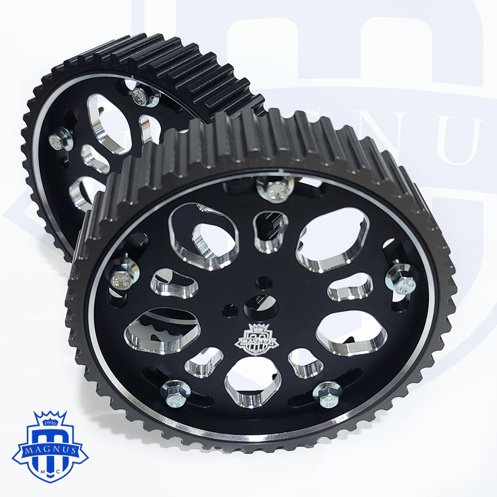 Both Gears_Magnus_Motorsports_Black_Polished_Chamfers_Edges_Chrome_Bolts_Adjustable_Cam_Gear_4G63_EVO_DSM